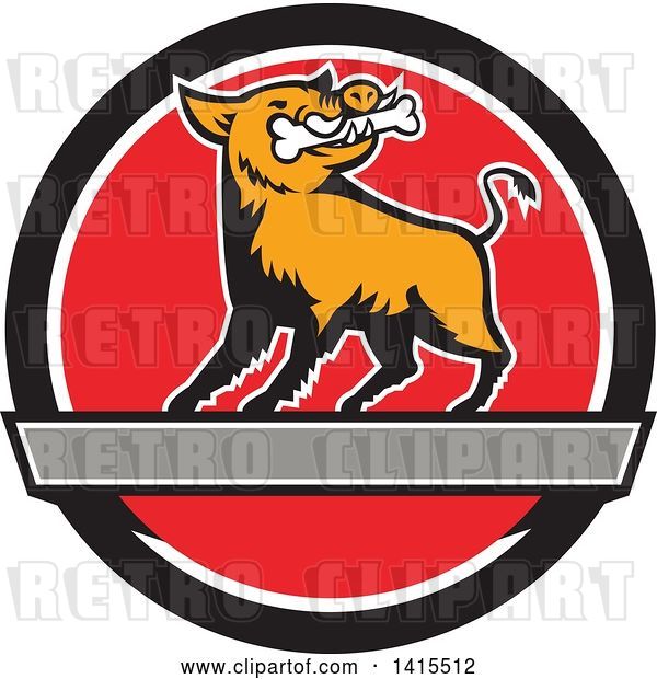 Vector Clip Art of Retro Cartoon Wild Boar Pig with a Bone in Its Mouth, Inside a Black White and Red Circle