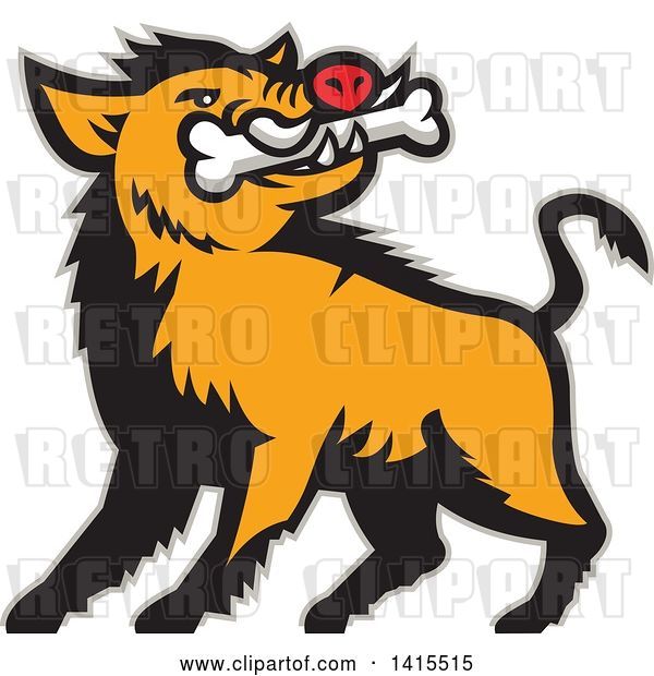Vector Clip Art of Retro Cartoon Wild Boar Pig with a Bone in Its Mouth, with a Gray Outline