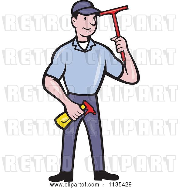 Vector Clip Art of Retro Cartoon Window Cleaner Worker with a Squeegee and Spray Bottle