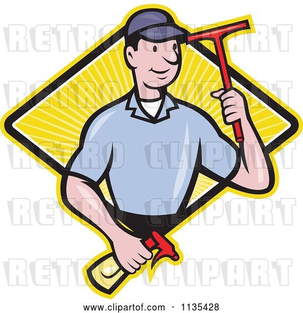 Vector Clip Art of Retro Cartoon Window Cleaner Worker with a Squeegee and Spray Bottle over a Diamond