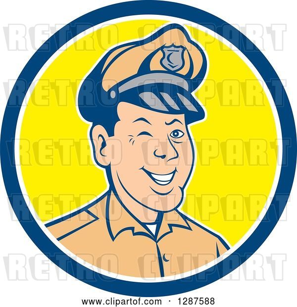 Vector Clip Art of Retro Cartoon Winking White Male Police Officer in a Blue White and Yellow Circle