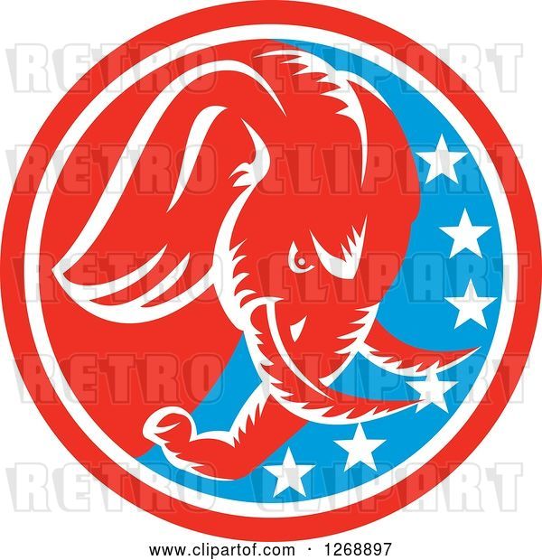 Vector Clip Art of Retro Cartoon Woodcut Angry Elephant in a Red White and Blue Circle with Stars
