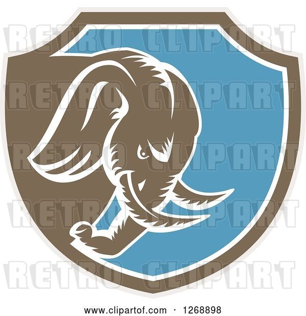 Vector Clip Art of Retro Cartoon Woodcut Charging Elephant in a Taupe Brown White and Blue Shield