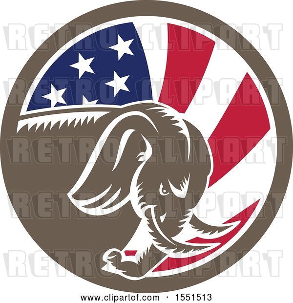 Vector Clip Art of Retro Cartoon Woodcut Charging Elephant in an American Flag Circle