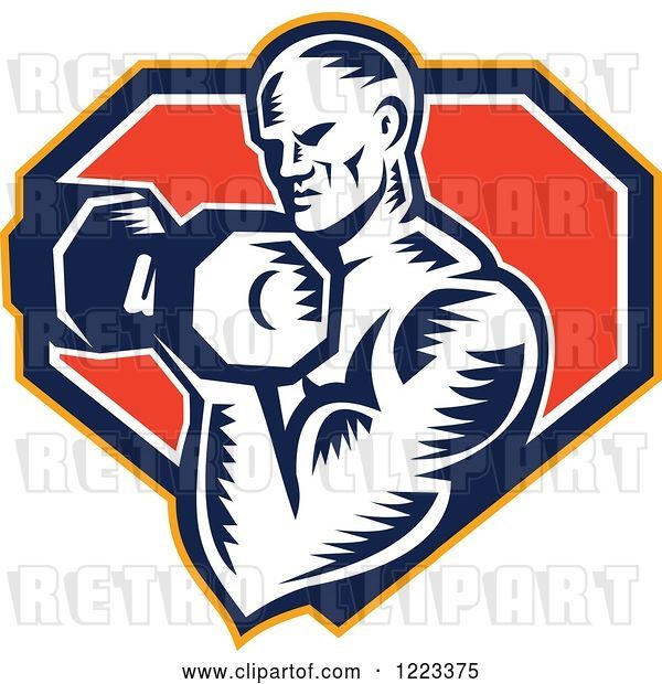 Vector Clip Art of Retro Cartoon Woodcut Male Bodybuilder Doing Bicep Curls with a Dumbbell over a Shield