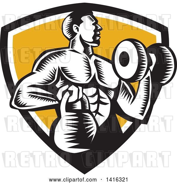 Vector Clip Art of Retro Cartoon Woodcut Strong Male Bodybuilder Working out with a Dummbell and Kettlebell, Emerging from a Black White and Yellow Shield