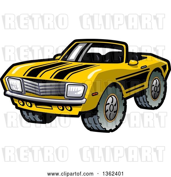 Vector Clip Art of Retro Cartoon Yellow Convertible Muscle Car with Black Racing Stripes and Mud Tires