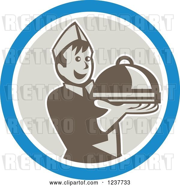 Vector Clip Art of Retro Cartoon Young Male Chef Holding out a Cloche Platter in a Blue and Beige Circle