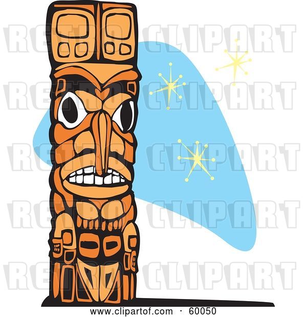 Vector Clip Art of Retro Carved Wooden Totem Pole on a Blue Star Background