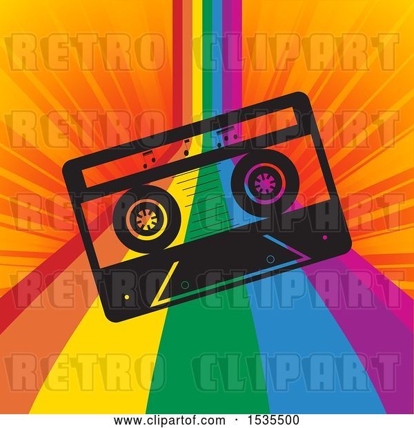 Vector Clip Art of Retro Cassette Tape over a Rainbow Curve on Orange Rays