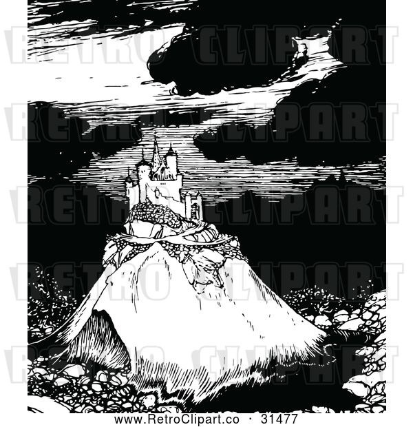 Vector Clip Art of Retro Castle and Boats on a Hill