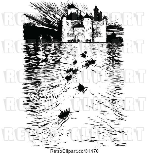 Vector Clip Art of Retro Castle and Boats on the River