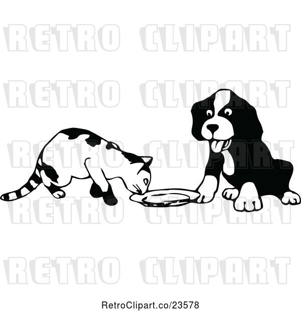 Vector Clip Art of Retro Cat and Dog at a Saucer