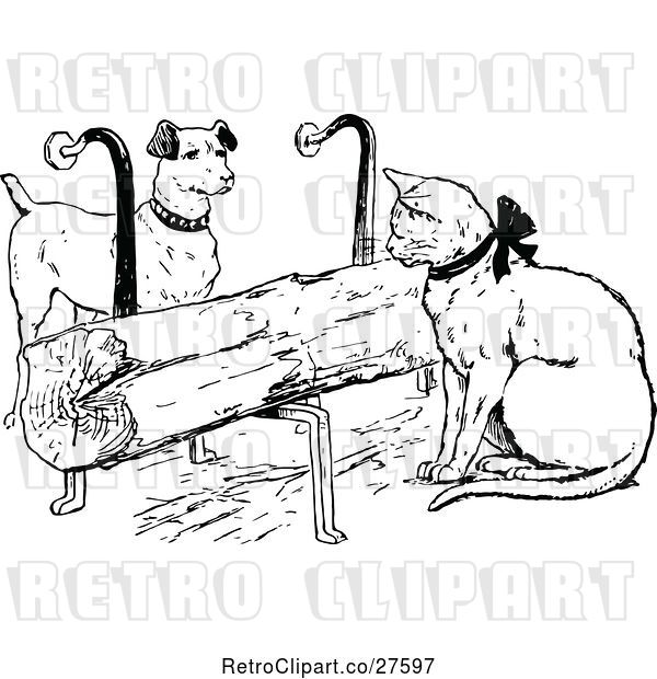 Vector Clip Art of Retro Cat and Dog by a Log