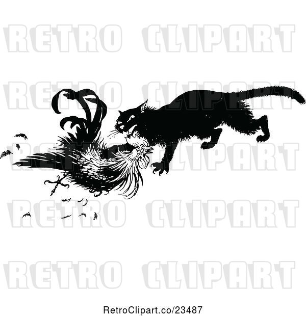 Vector Clip Art of Retro Cat Killing a Chicken