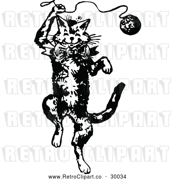 Vector Clip Art of Retro Cat Playing with Yarn