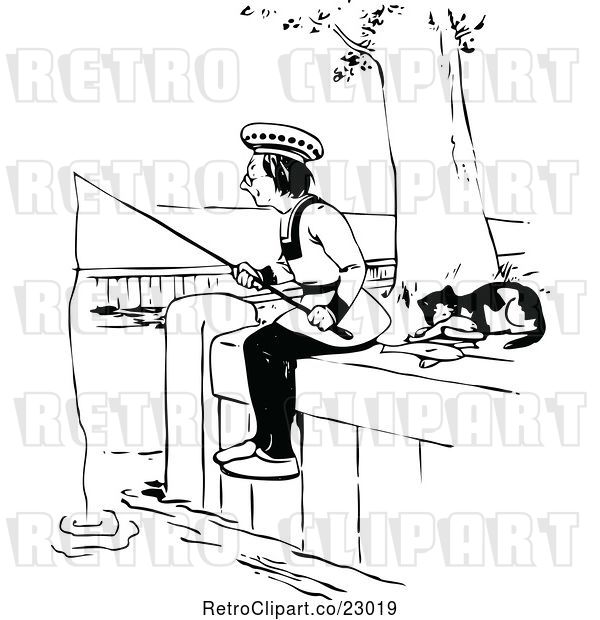 Vector Clip Art of Retro Cat Resting by a Guy Fishing