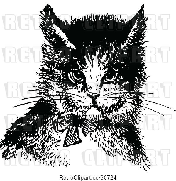 Vector Clip Art of Retro Cat Wearing a Bow