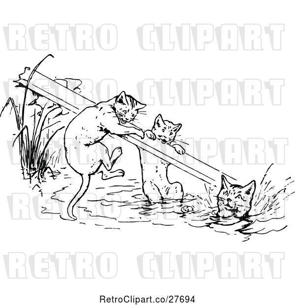 Vector Clip Art of Retro Cats with a Board over Water