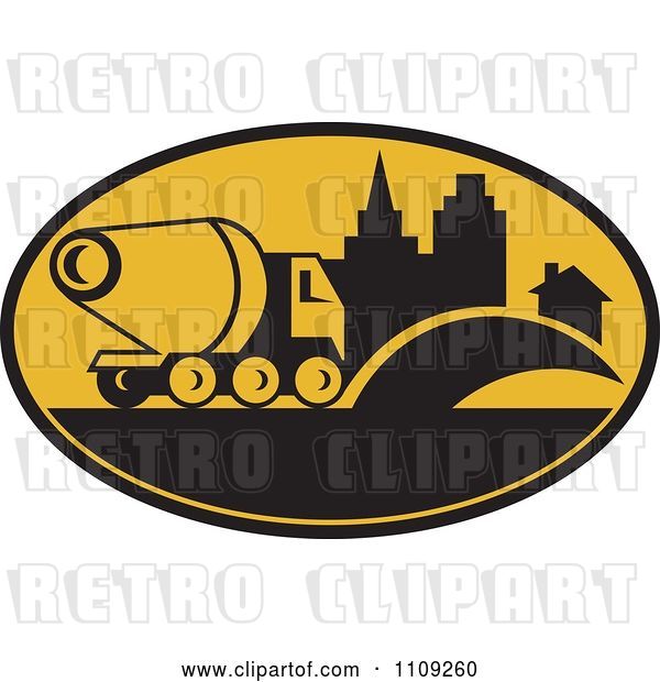 Vector Clip Art of Retro Cement Truck and Building in an Oval