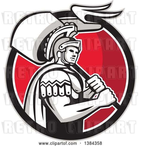 Vector Clip Art of Retro Centurion Roman Soldier Carrying a Flag in a Gray Black White and Red Circle