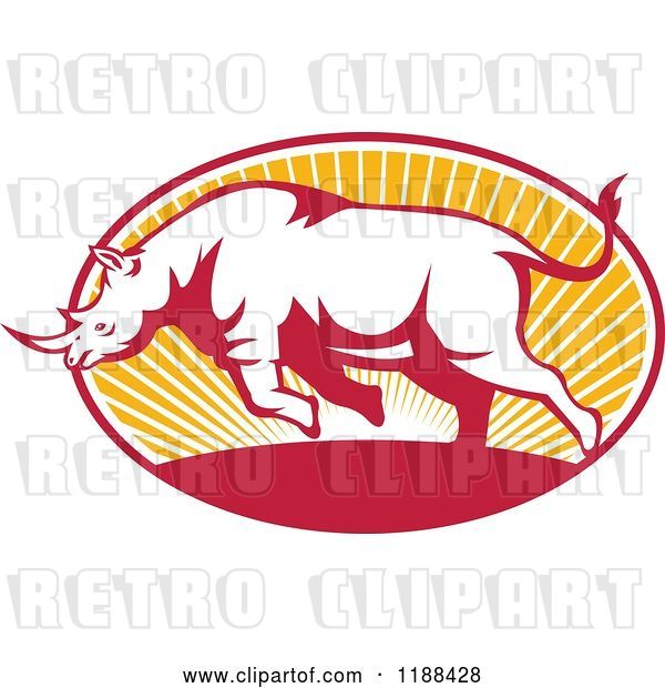 Vector Clip Art of Retro Charging Rhino over an Oval of Sun Rays
