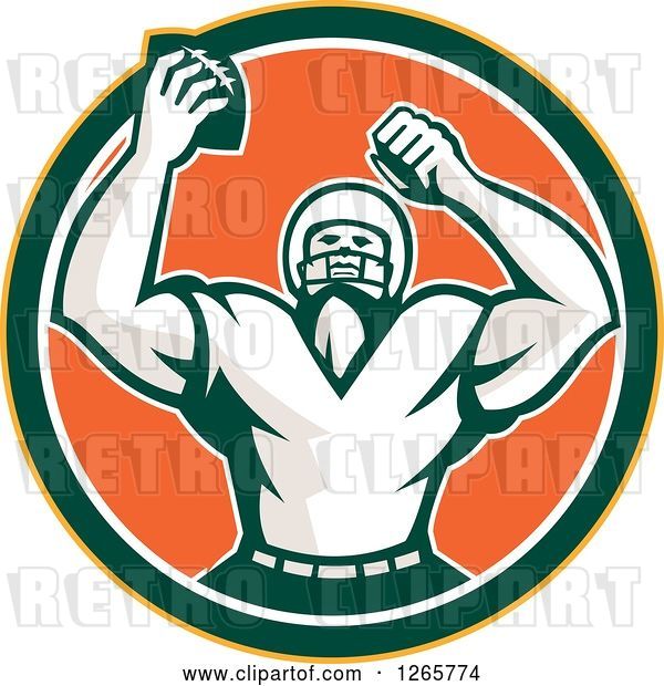 Vector Clip Art of Retro Cheering American Football Player in a Yellow Green White and Orange Circle