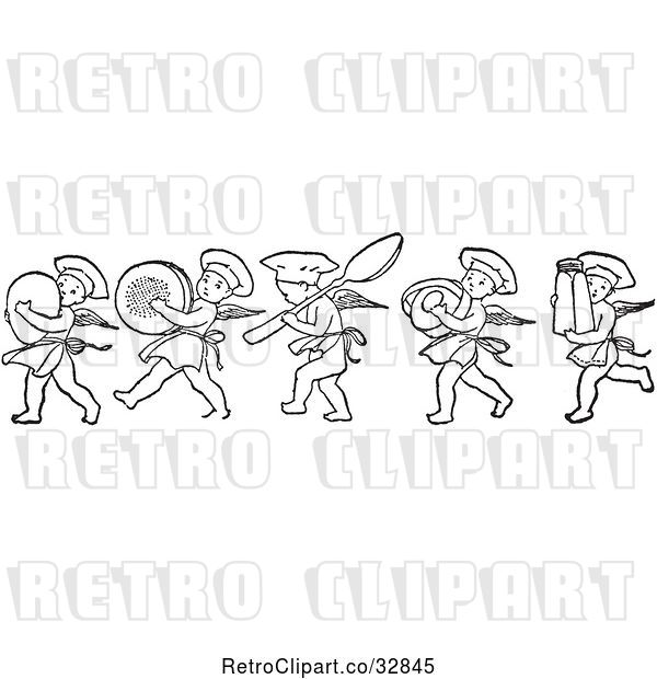 Vector Clip Art of Retro Chef Cherubs Marching with Kitchen Items