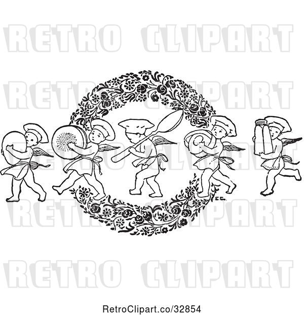 Vector Clip Art of Retro Chef Cherubs Marching with Kitchen Items over a Floral Wreath