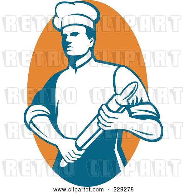 Vector Clip Art of Retro Chef Holding a Rolling Pin over an Orange Oval