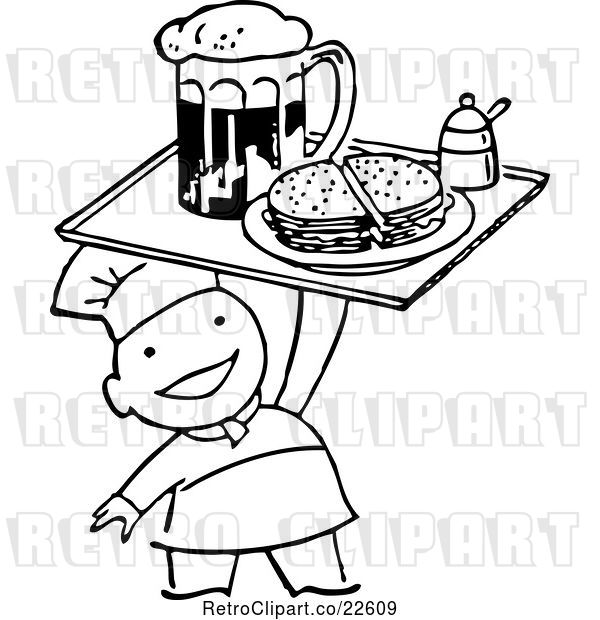 Vector Clip Art of Retro Chef Serving Beer and a Sandwich