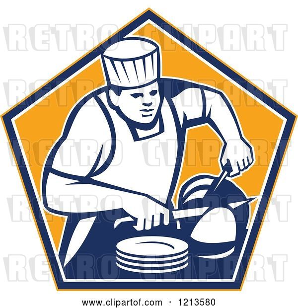 Vector Clip Art of Retro Chef Slicing a Ham in an Orange Pentagon