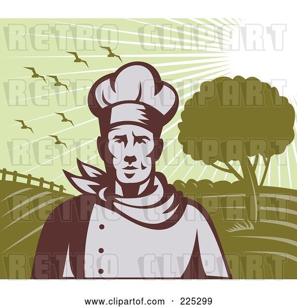 Vector Clip Art of Retro Chef Standing Against Green Farm Land
