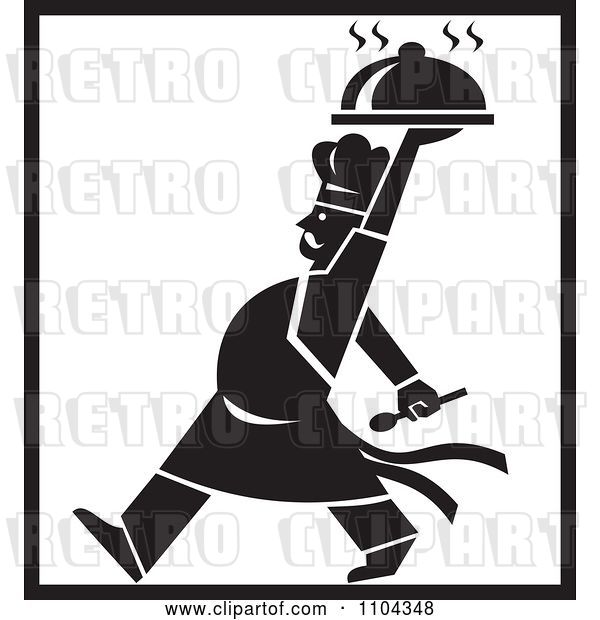 Vector Clip Art of Retro Chef Walking and Holding a Platter Above His Head with Black Borders