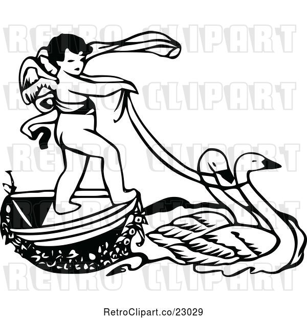 Vector Clip Art of Retro Cherub Riding on a Swan Boat