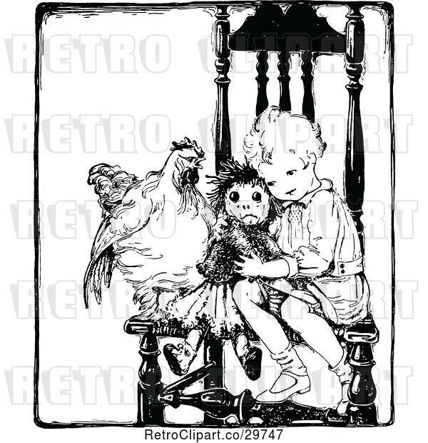 Vector Clip Art of Retro Child Sitting with a Doll and Chicken