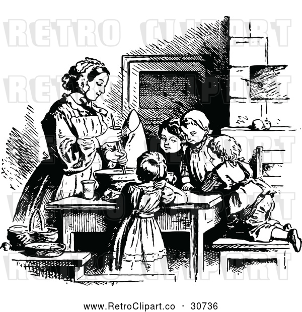 Vector Clip Art of Retro Children Baking with Their Mom