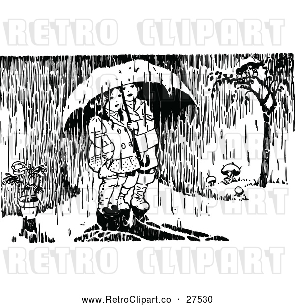 Vector Clip Art of Retro Children in the Rain