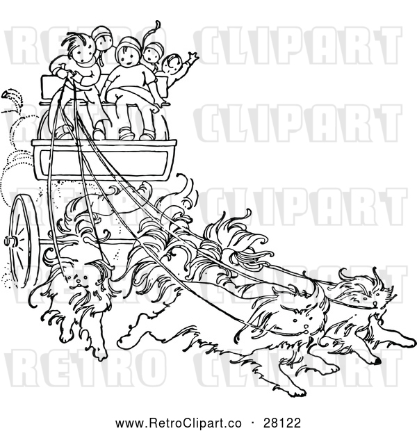 Vector Clip Art of Retro Children on a Cat Drawn Carriage
