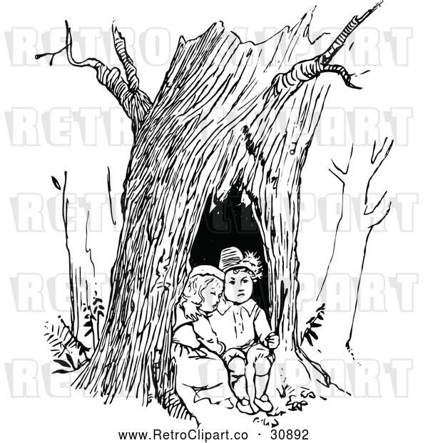Vector Clip Art of Retro Children Resting in a Tree