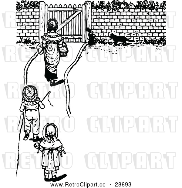 Vector Clip Art of Retro Children Walking on a Path to a Gate