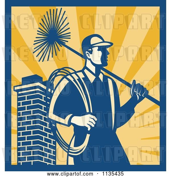 Vector Clip Art of Retro Chimney Sweep Worker over Rays