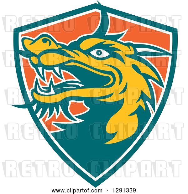 Vector Clip Art of Retro Chinese Dragon Head Emerging from a Teal White and Orange Shield