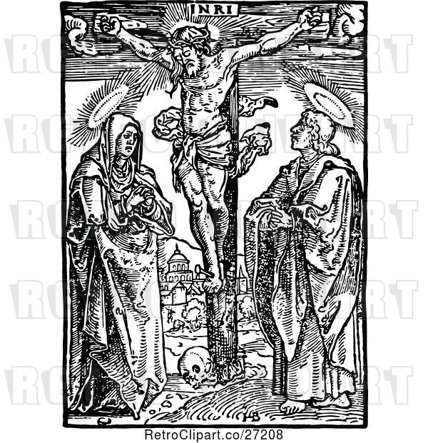 Vector Clip Art of Retro Christ Crucified with a Border