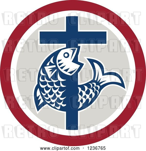Vector Clip Art of Retro Christian Cross and Fish in a Circle