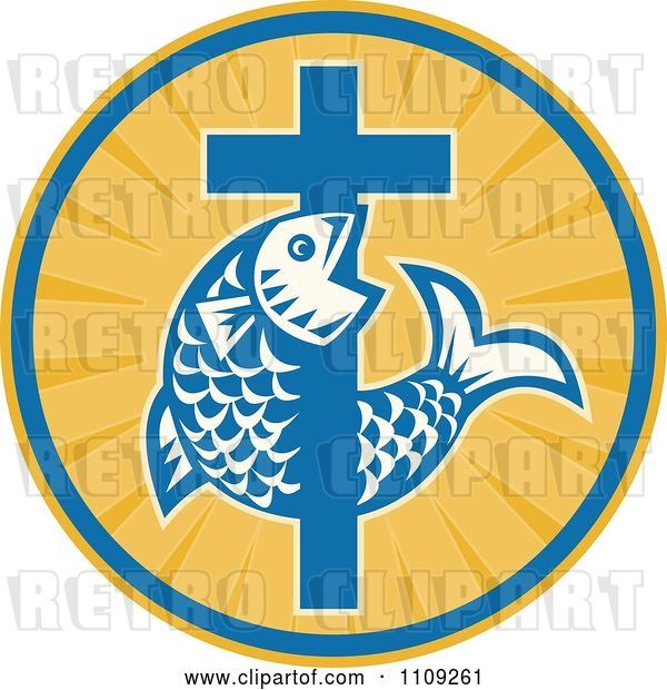 Vector Clip Art of Retro Christian Fish and Cross in a Ray Circle
