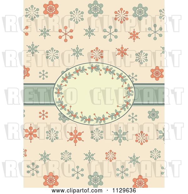 Vector Clip Art of Retro Christmas Background of Snowflakes and a Holly Frame