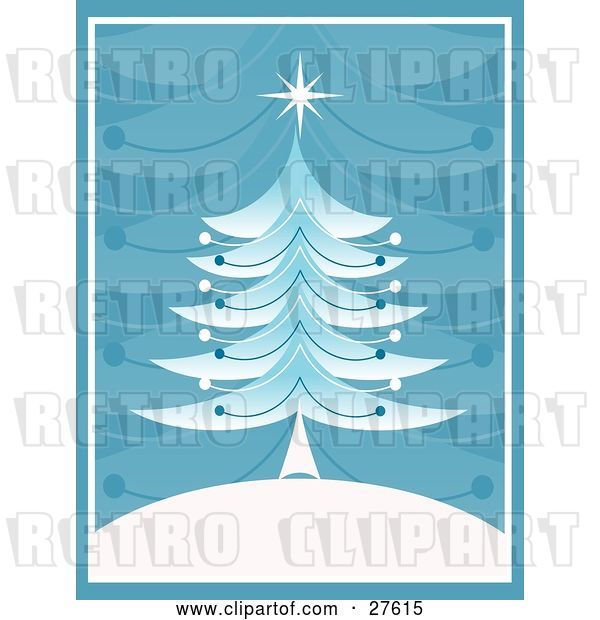 Vector Clip Art of Retro Christmas Tree with a Star on Top, on a White Hill with a Blue Branch Patterned Background