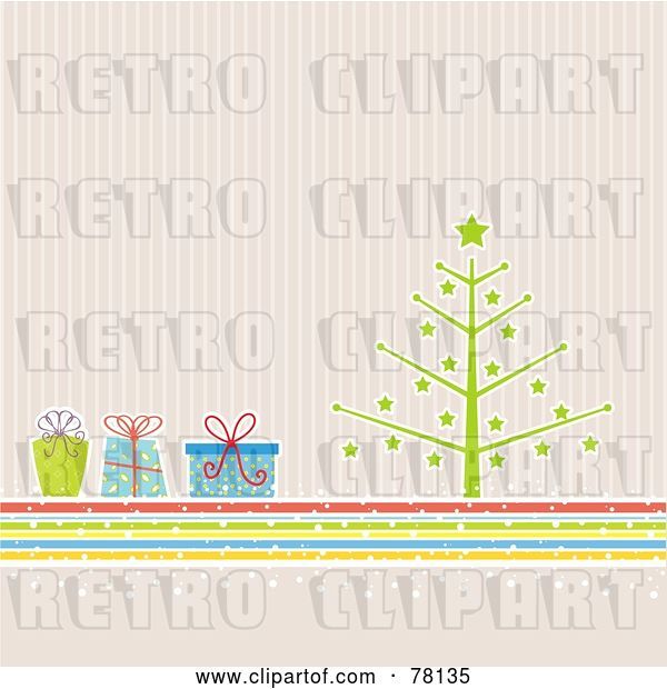 Vector Clip Art of Retro Christmas Tree with Colorful Presents over Pastel Stripes