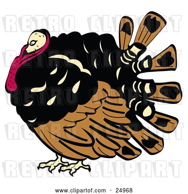 Vector Clip Art of Retro Chubby Brown, Black and Red Turkey Bird with His Head Tucked in His Neck